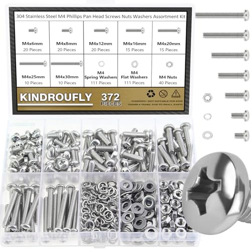 Kindroufly 372 Pieces M4 x 6/8 /12/16 /20/25 /30mm Phillips Pan Head Machine Screws Nuts Washers Assortment Kit, 304 Stainless Steel, Fully Machine Thread
