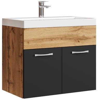 Badplaats Badmöbel Set mit Waschbecken und Unterschrank Montreal 01 60 x 35 cm Eiche mit Schwarz Matt - Waschbeckenunterschrank mit Waschbecken