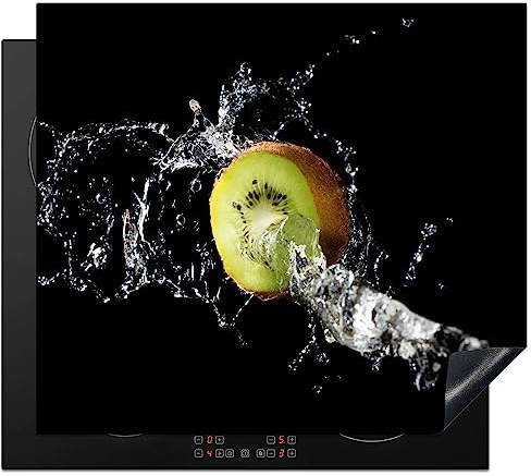 KitchenYeah© Herdabdeckplatte Einteilig Ceranfeld Abdeckplatte Küche Deko | 59x51 cm - Ceranfeldabdeckung Herdabdeckung Induktionsmatte Kiwi - Obst - Stilleben - Wasser - Schwarz - Grün