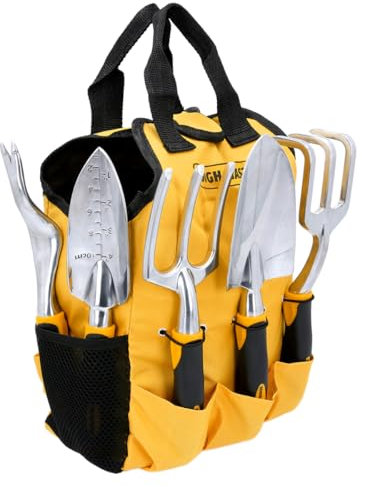 Garden Tools Set 5 Piece Hand Tool Gift Kit With Storage Tote Bag, Hand Trowel, Transplanter, Weeder, Hand Cultivator, Fork, Gardening Gifts for Women & Men TOUGH MASTER