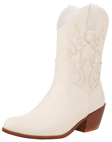 rismart Women Western Cowboy Boots Mid Calf Embroidered Cowgirl Shoes Beige,6