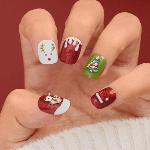 Sethexy Weihnachten Kurz Rund Press On Nägel Niedlich Glänzend Acryl Gemalt Falsche Nägel Handgefertigt Salon Qualität Abnehmbar Falsche Nägel für Frauen und Mädchen 10PCS (1)