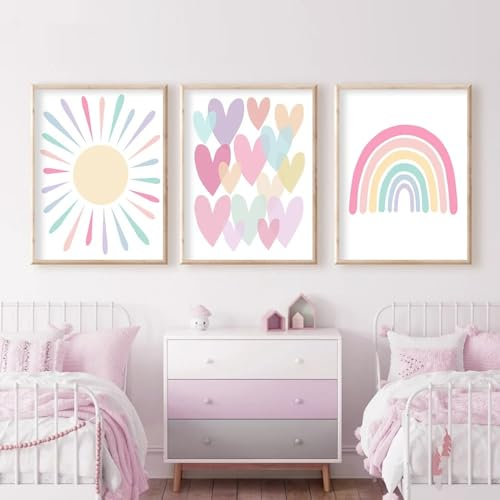 Bilder Kinderzimmer Poster Regenbogen Herzen Boho Wandposter, Bilder Set Junge Mädchen Babyzimmer Kinderbilder, Wandposter Premium, Ohne Rahmen