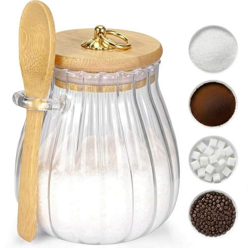holoith Sugar Container with Bamboo Lid and Spoon,15 oz Sugar Bowl Glass Jar for Coffee Bar Accessories Coffee Canister Kitchen Decor Housewarming Gift Christmas Refillable Design
