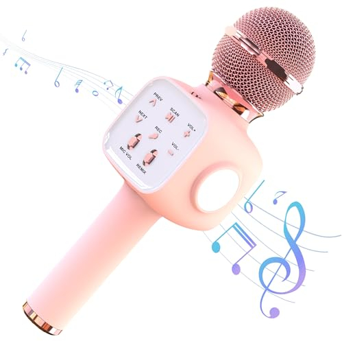 Wireless Bluetooth Microphone for Karaoke With LED Lights - Android/iOS Phone Compatible for Party, Singing, Recording - Suitable for Boys, Girls and Adults (Light Pink)
