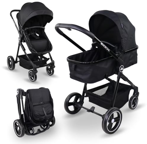 Mobiclinic® kids, Kinderwagen + babywanne, 2 in 1, Nuit, Ultrakompakt, 5-punkt-gurtsystem, 22 kg, Einhandbedienung, Verstellbare rückenlehne, Motorhaube, Korb, Fußbremse, Wendbar (schwarz)