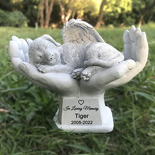WouND Personalized Memorial Dog Angel Tribute Statue with in God's Hands, Pet Dog Grave Marker Headstone Memorial Garden Stones-Customizable Name and Date