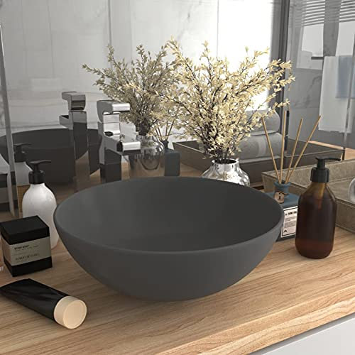 ARKEM Lavandino da Bagno in Ceramica Grigio Chiaro Rotondo,Ceramica,Finitura Bianco Lucido - Lavandino Design Moderno Bacinella Lavamani Lavello Sanitari Bagno