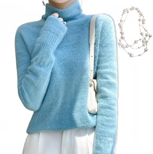 KEYULI Angora Pullover Damen Kaschmir Rollkragenpullover,Damen Kaschmir Mischung Lose Warme Pullover, Damen Solid Rollkragenpullover mit Halskette (Blauer See,M (45-55kg))