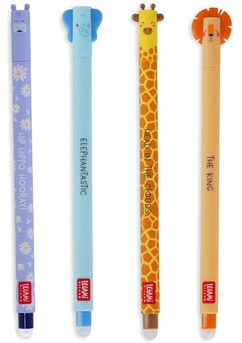 LEGAMI - 4er Set Gel-Radierstifte, Wildlife, Stifte mit radierbarer Tinte, Hippo, Elefant, Giraffe und Löwe Radierbar ohne Blatt zu verbrauchen, 0,7 mm Spitze (WILD)