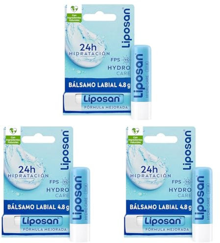 Liposan Hydro Care FPS 15 (1 x 4,8 g), cacao de labios con 24 horas de hidratación, bálsamo labial con protección solar, bálsamo hidratante para unos labios bonitos y suaves (Paquete de 3)