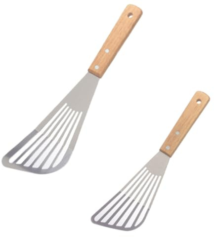 Paquete de 2 espátulas de metal con mango de madera, espátula de pescado de acero inoxidable, volteador de pescado de acero inoxidable, para freír, asar, cocinar, huevos, carne