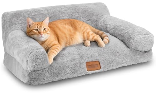 Nobleza Cat Sofa Bed for Indoor Cats, Fluffy Faux Rabbit Fur Cat Couch with Removable Washable Cover, Non-Woven Wrapped Padding, Non-Slip Bottom Pet Bed for Cats Small Dog Puppy Kitten 60x45x30cm Grey