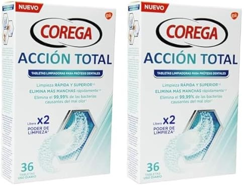 Corega Max Acción Total, Tabletas Limpiadoras Para Prótesis Dental, Cuidado e Higiene Oral Integral, Pastillas de Limpieza Diaria, Limpieza Profunda, 36 Tabletas (Paquete de 2)