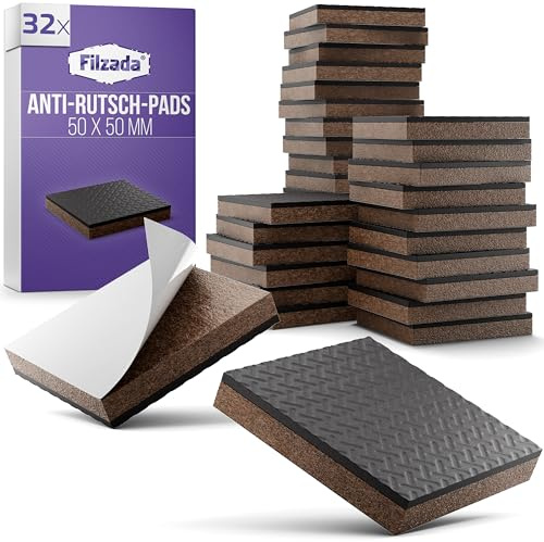 Filzada® 32x Antirutsch Pads Möbel 50x50mm - Gummipads Selbstklebend | Premium Anti Rutsch Pads: Sofa, Couch, Stuhl - Antirutsch Aufkleber - Gummi Unterlage Möbelstopper - extra starker Halt