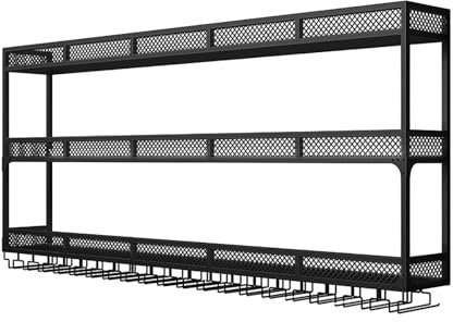 Wandmontierte Weinregal Mit Glashalter,Modernes Weinregal Palette,Eisen Weinregal,Für Die Bar Wandbar Hängend Weinregale Flaschenregal Weinglasregal Wand Flaschenhalter Küchenregal(Black,200cmx90cm(78