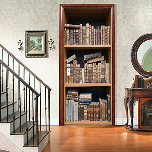 Retro BüCherregal 3D Türtapete Türposter Braun Selbstklebend Türaufkleber 85x205 cm Kein Verblassen PVC Türfolie Wasserdicht Rückstandsfrei Stylische Türdekoration