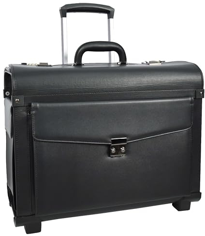 House of Luggage HLG108 Pilotenkoffer mit 2 Rädern, Kunstleder, leicht, Schwarz