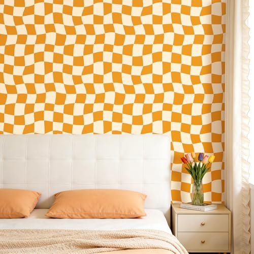 YENHOME Retro Groovy Checkered Wallpaper Peel and Stick 17.5 X10ft 70s Orange Wavy Checkerboard Aesthetic Self Adhesive Removable Vinyl for Bedroom Accent Wall Living Room Kids Room Study Cabinet