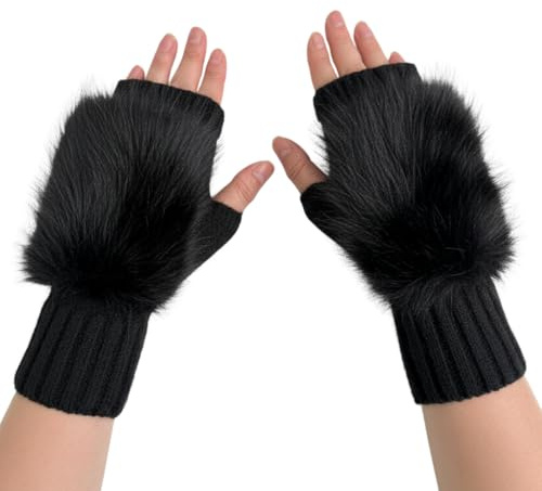 Fabchik Handstulpen Damen, Fingerlose Handschuhe mit Keildaumen Weiche Strick Pulswärmer Armstulpen mit Kunstfell für Alltag, Büro, Outdoor (Schwarz)