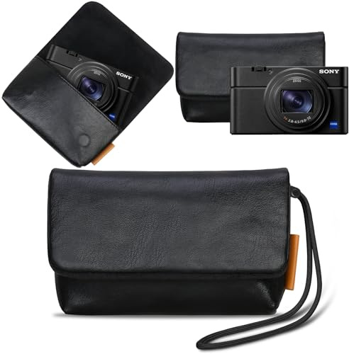 Lacdo Estuche de Cámara para Sony RX100 VII/ RX100 Vi/ RX100 V/RX100 IV/RX100 III Digital Camera, Cuero Suave Funda Protectora para Cámara, Compacto Sony RX100 con Correa de Muñeca, Negro