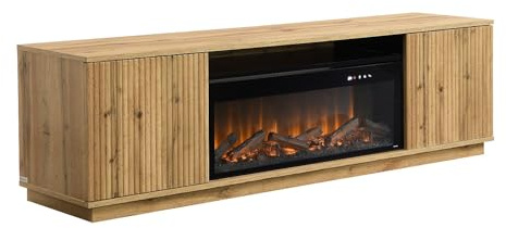 Vente-unique - Meuble TV 2 Portes en MDF avec Effet cheminée à LEDs - Naturel et Noir - YEVINA