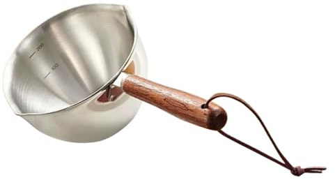 ROMISBABA Casserole Inox 200 Ml Bec Verseur Double, Pot à Fondre le Beurre en Bois Épais, Chauffe-lait Compact Cuisine et Pâtisserie, pour Sauces et Desserts