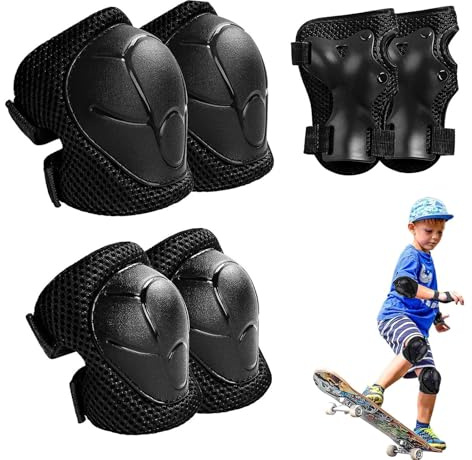 Kids Knee Pads, 6Pcs Kids Knee And Elbow Pads, Kid Sports Protective Gear Set for Skateboard Roller Skating Biking and Outdoor Multi-Sports (Black)