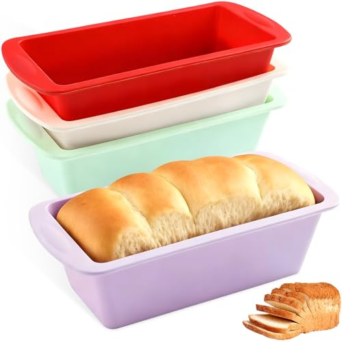 4 Stück Rechteckig Brot Backformen, Mini Silikon Kastenform, Kuchen Silikonformen, Toastbrot Backen Zubehör Set, Brotbackform,Tortenform, Brotformen, Klein Kuchenform für Airfryer (Rot+Weiß+Lila+Grün)