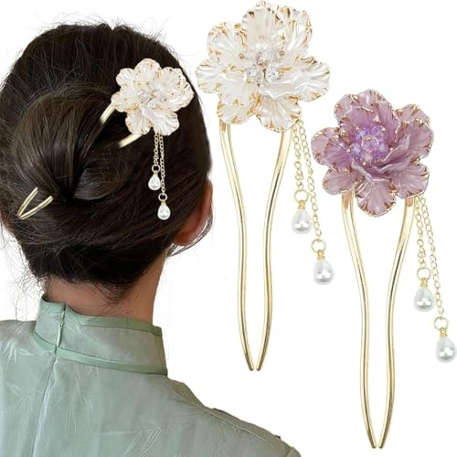 WERIGONI Juego de 2 Palillos para el Cabello Vintage Decorados con Perlas, Estampados Florales Blancos y Morados, Hechos de Metal y con Borlas