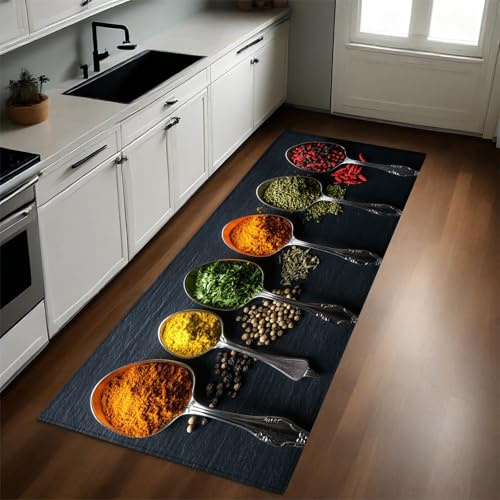 Grau Flur Läufer Teppich 50x150 cm Grüne Kräuter und Gewürze rutschfest Waschbar Küchenläufer Schmutzabweisend Saugfähig Modern Pflegeleicht für Küche und Wohnraum