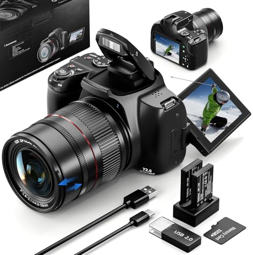 72MP 4K Digitalkamera mit 12X Optischem Zoom, WLAN, Autofokus & 3-Zoll-Flip-Bildschirm, Digitalkamera für Fotografie & Video, 2 Akkus + 32GB TF-Karte – Ideale Kamera für Anfänger & Vlogger (Schwarz)