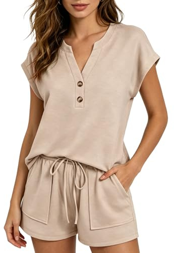 DOINEUFL Two Piece Outfit for Women with Pockets, V Neck Button Short Sleeve Set, Casual Lounge Wear, Comfortable Summer Travel Set, Women’s Shorts Co-ord