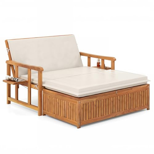 COSTWAY Acacia Wood Garden Daybed, Patio Double Chaise Lounger Sun Bed