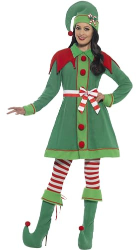 Smiffys Deluxe Miss Elf Costume, Green – Women’s Christmas Fancy Dress Outfit with Dress, Hat, Belt, Striped Tights and Boot Covers, Festive Elf Costume for Holiday Parties & Events Medium
