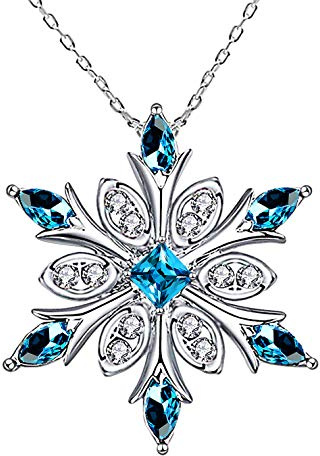 Elensan Women's 925 Sterling Silver Blue Crystals Snowflake Pendant Fashion Necklace Collarbone Chain, Sterling Silver, Cubic Zirconia
