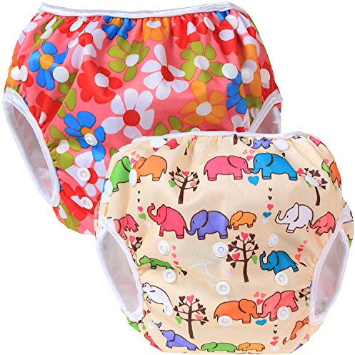 Teamoy 2pcs Baby Nappy riutilizzabile pannolino da nuoto, Flowers Pink+ Elephants