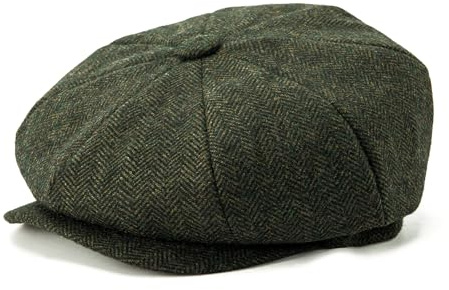 BOTVELA Herren 8-Panel Wollmischung Newsboy Flat Cap Fischgrätmuster-Tweed-Hut, Grün, 59 EU