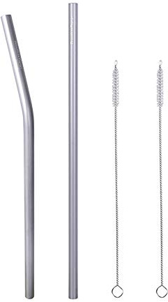 iBasingo Titanium Straw Set 1 Bent & 1 Straight Reusable Lightweight Rust-Proof Drinking Straws for Travel, Camping & Daily Use, Dishwasher Safe, Includes Cleaning Brush & Drawstring Bag Ti1018T