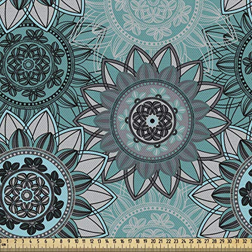 ABAKUHAUS Mandala Gewebe als Meterware, Hippie Orientalischer Frühling, Dicht Gewebter Stoff zum Nähen Polster Wohnaccessoires, 3M (148x300cm),Türkis Schwarz Taupe
