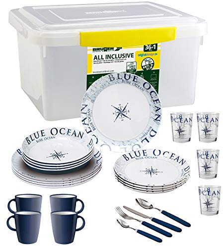 BRUNNER Melamin-Geschirr Campinggeschirr (37tlg) BLUE OCEAN ALL INCLUSIVE | Antislip (Antirutsch), 4 Personen, Leicht, Bruchfest, Teller Besteck & Becher, Wohnmobil Wohnwagen & Boot & Grill + Picknick