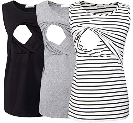 Smallshow Canottiere per Donna maternità Infermieristica Senza Maniche Top Canotta Allattamento in 3 Pezzi Black-Light Grey-White Stripe XL