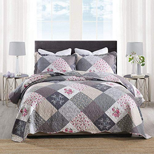 Qucover Couvre Lit Patchwork 2 Personnes 220x240cm, avec 2 Taies d'oreiller 50x70cm, Boutis Couvre-lit Matelassé de Luxe en Microfibre, Dessus de Lits et en Motif Floral Gris
