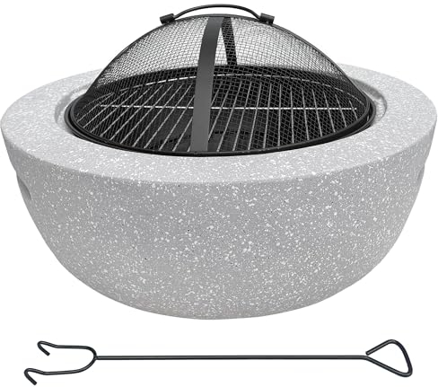 Brasero avec pare-étincelles pour le jardin, rond, Ø 60 cm, aspect granit, avec un tisonnier