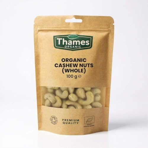 Organic Cashew Nuts - Source of Protein, High Fibre, Raw, Vegan, GMO-Free, Certified Organic - No Additives or Preservatives - Nutritious and Delicious - Thames Organic 100g