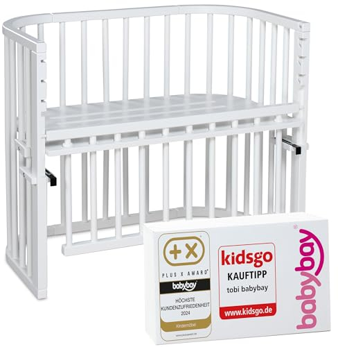 babybay Maxi Comfort Plus Beistellbett & Stubenwagen aus massivem Buchenholz/Zustellbett mit Verschlussgitter/stufenlos verstellbar & umweltfreundlich/mitwachsendes Babybett (weiß lackiert)