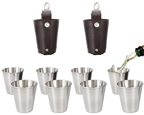 Spldsun 8 Pezzi Bicchierini in Acciaio Inox, Bicchierini in Acciaio Inossidabile, Bicchieri Shot Set con Custodie in Pelle, per Casa, Esterno, Campeggio, Viaggi (70 ml, con Custodia Pelle)
