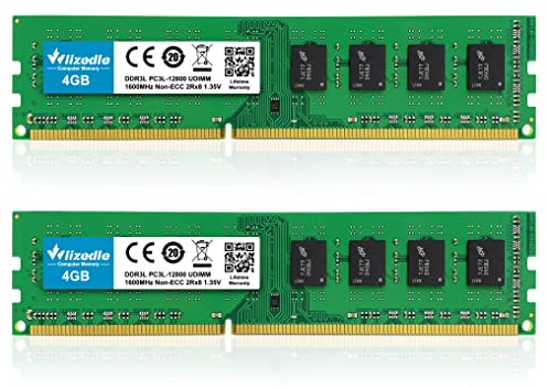 Wlizedle RAM 8GB Kit (2x4GB) DDR3L / DDR3 1600MHz CL11 UDIMM PC3L-12800 / PC3-12800 240-Pin 1.5V Non-ECC Unbuffered 2Rx8 Dual Rank Upgrade Computador Memória (Verde)