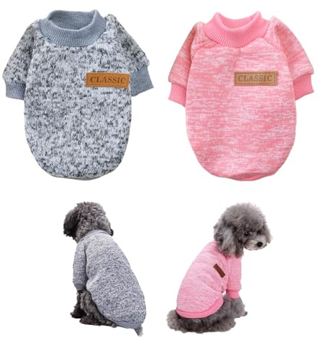 Maglione per Cane Piccolo, FainFun 2 Pezzi Maglione Cane Taglia Piccola per Cani Taglia Grande Media Piccola, Felpa Cani per Inverno, Vestiti Autunnali e Invernali per Gatti, Rosa Grigio, L