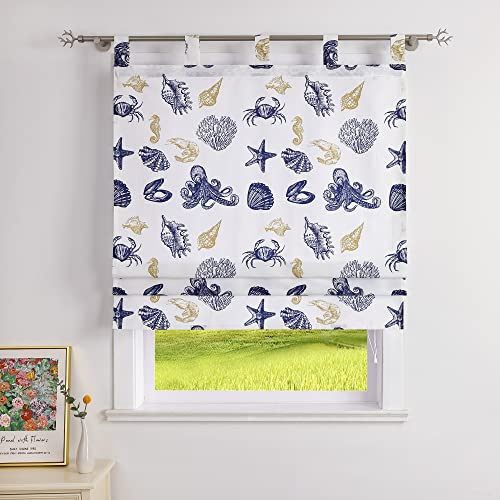 CORLIF Raffrollo Blickdicht Raffgardinen Landhaus Schlaufenrollo Küche Rollos mit Seestern Muster Kurze Fenster Gardine Weiß mit Schlaufen B/H 100/140 cm
